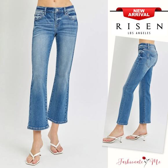 RISEN Low Rise Cat's Whiskers 5 Pocket Style Medium Wash Crop Flare Denim Jeans - Picture 1 of 7